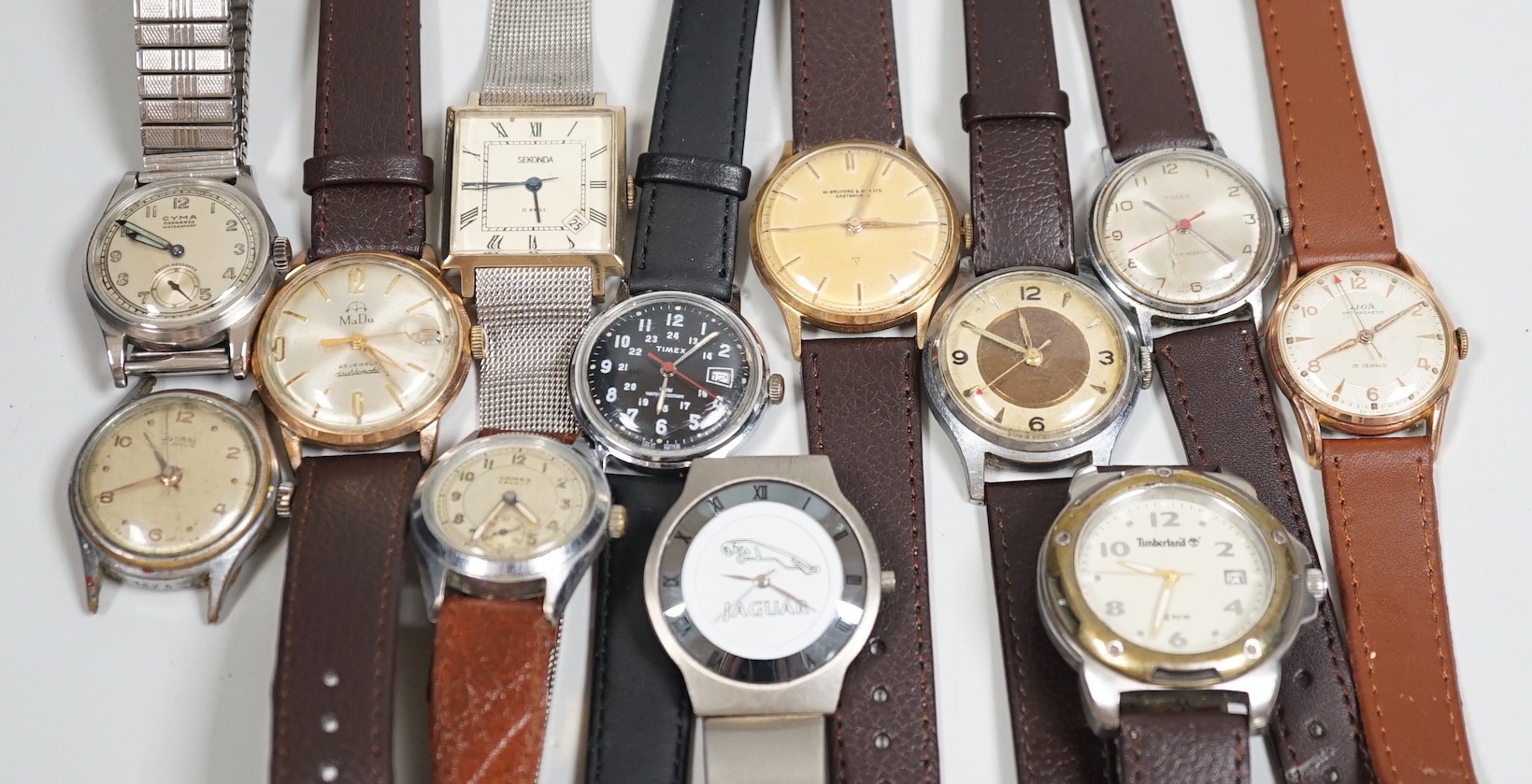 A collection of twelve assorted mainly gentleman's wrist watches, including Cyma, Sekonda and Timex.